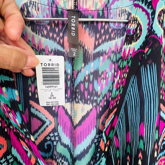 NWT Torrid Elbow Sleeves Multi Ikat Maxi Kimono Size 2X Swim Cover Up - Picture 6 of 9